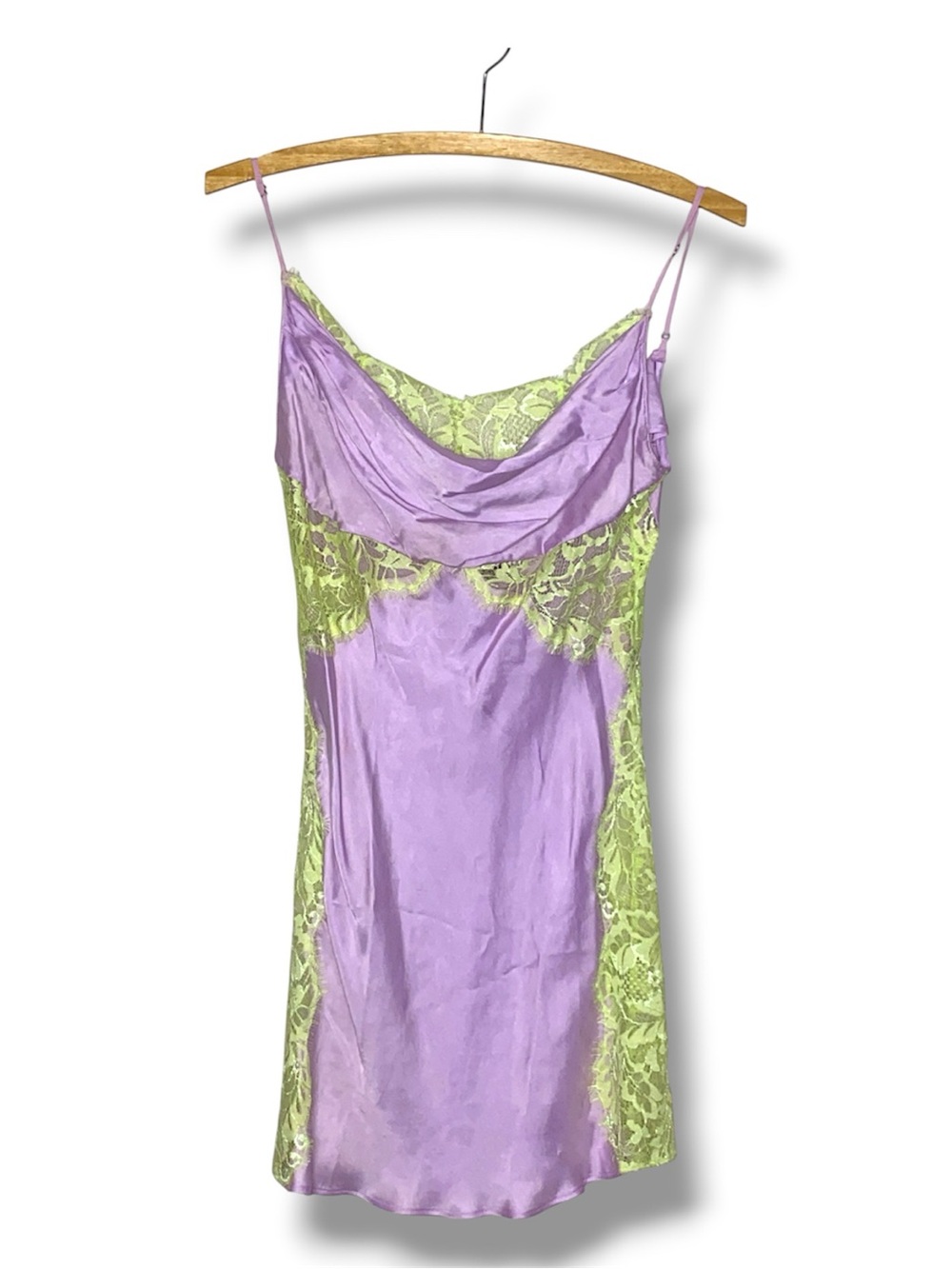 For Love And Lemons Lavender Satin Slip with Lime Lace Trim